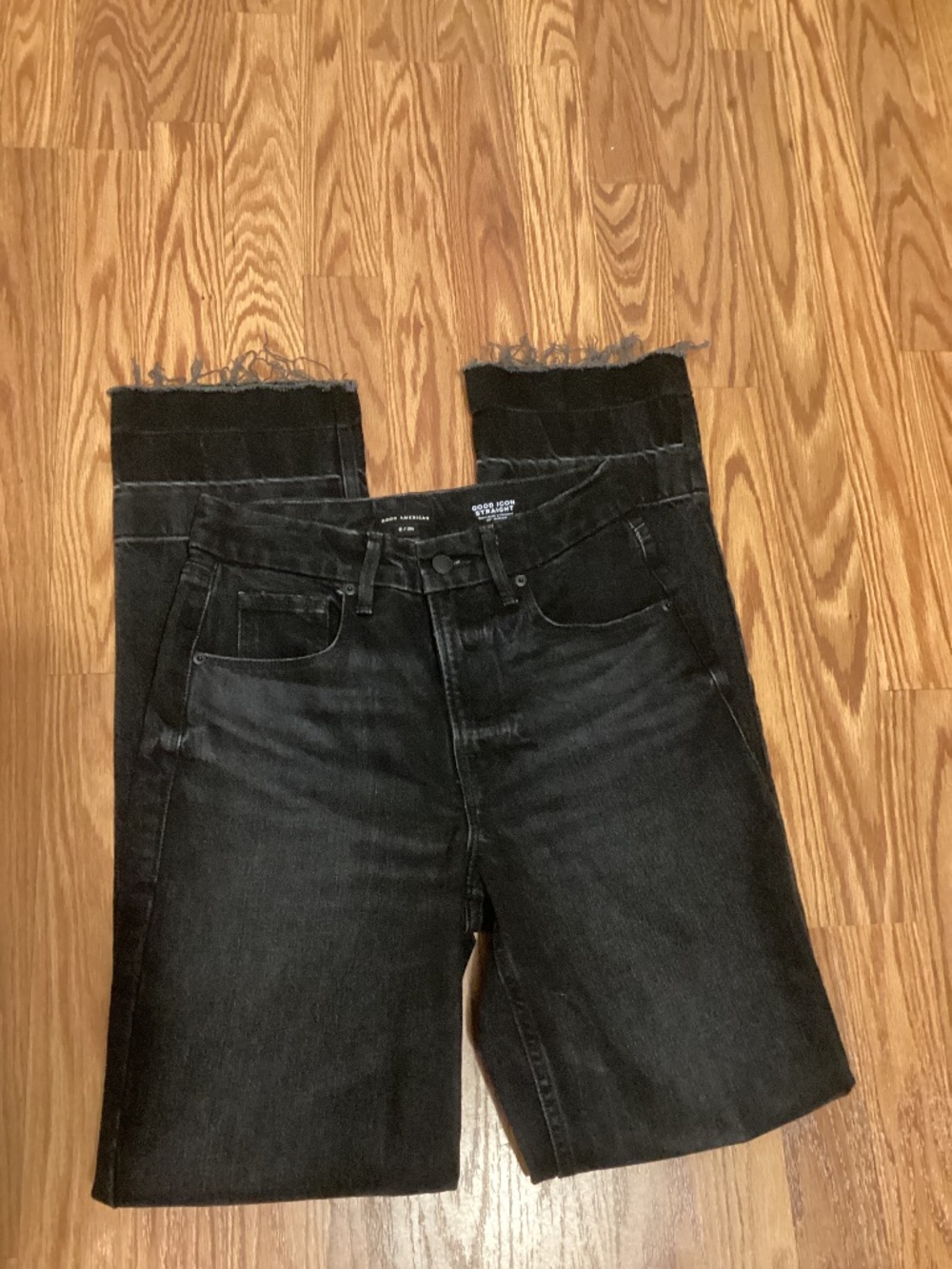 Good American Good Icon Straight Leg Jeans Black Raw Hem High Rise Straight 2 26